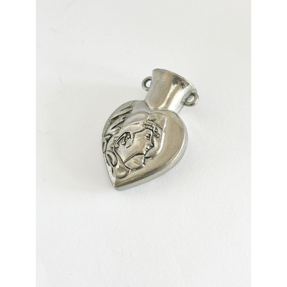 Vintage Art Nouveau Style Silver Tone Heart Vase Pendant Lady Face